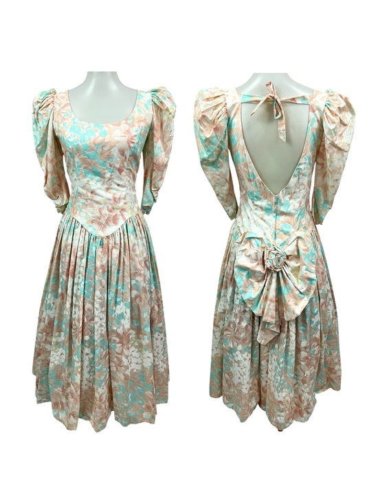 Vintage Dresses & Skirts - Vintage 80s Pastel Floral Midi Formal Party Dress Puffy Sleeves Bustle Bow Rose
